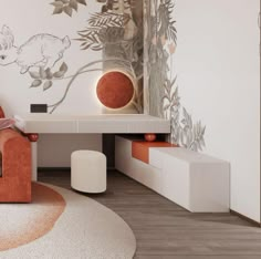 a living room with an orange couch, white table and plant wallpaper on the walls