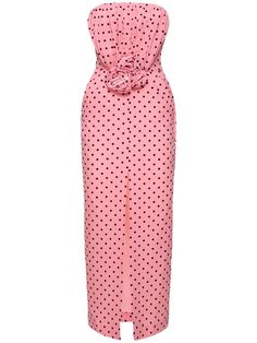 Side zip closure. Flower appliqué details. All over print placement may vary. Lined. Model is wearing a size38 Silk Georgette Dress, Pink Polka Dot Dress, Versace Brand, Georgette Dress, Alessandra Rich, Rich Women, Print Placement, Pink Polka Dots, Polka Dot Pattern