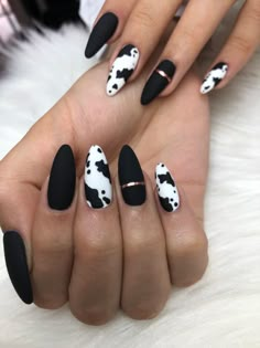 Animal Inspired Nail Art, Animal Themed Nails, Winter Western Nails, Black Cow Print Nails, Western Valentine Nails, Western Acrylic Nail Designs