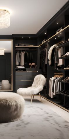 a walk in closet filled with lots of clothes and fur rug on the floor next to a white chair