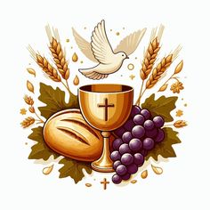 a cross, bread and a cup with a dove on it are surrounded by grapes