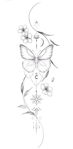 a drawing of a butterfly with flowers on it