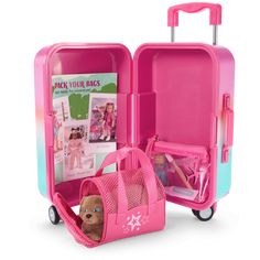 the pink suitcase is packed with items for girls to travel in and out of it