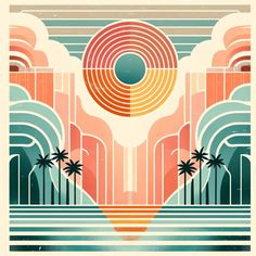 an art deco poster with palm trees in the background