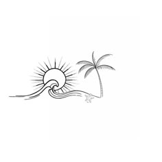 a drawing of a beach with palm trees and the sun in the sky above it