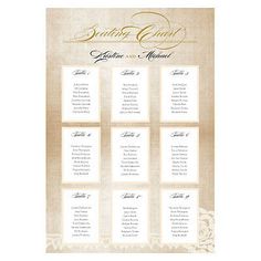 the seating chart for a wedding ceremony is shown in gold and white, with an elegant design