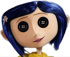 a doll with blue hair has two black buttons on it