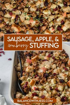 sausage apple and cranberry stuffing in a casserole dish