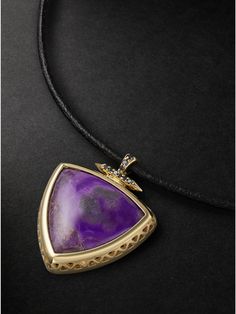 Inspired by '60s and '70s rock 'n' roll culture, Jenny Dee Jewelry's designs are infused with mysticism and spirituality. This 'Totem' necklace features a pendant of purple sugilite, which is also known as the healer's stone. Set in 18-karat gold, it's further embellished with black diamonds and strung from a tonal black leather cord. 70s Rock And Roll, Black Diamonds, Necklace For Men, Fine Jewellery Necklace, Gold Leather, Mr Porter, Leather Cord, Men Necklace, Black Diamond