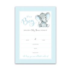 a baby shower card with an elephant on it's back and the words, it's a boy