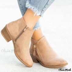 Olivia Mark - Low-Heeled Suede Martin Boots with Chunky Heels and Side Zipper Closure Ladies Winter Boots, Short Shoes, Sandals For Ladies, Leopard Boots, Casual Ankle Boots, Botas Chelsea, Winter Fashion Boots, Pointed Heels, Bow Knot