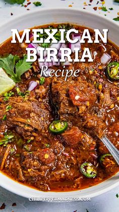 Mexican Birria served in a white bowl. Mexican Birria Recipe, Mexican Birria, Beef Birria Recipe, Birria Recipe, Meat Stew, Dinner Menu Ideas, Thanksgiving Dinner Menu, Taco Pasta, Taco Pizza