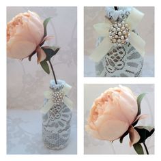 three pictures of flowers in a vase with lace and pearls on the top one is pink