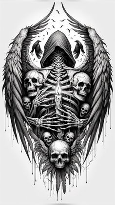 a black and white drawing of skulls with wings