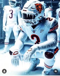 an image of a football player in the snow with his hands on his knees and two other players behind him