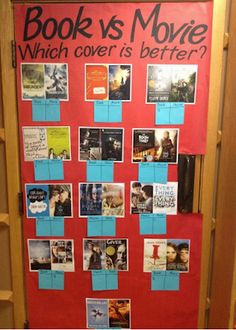 a book is movie which cover is better? bulletin board with pictures and words on it