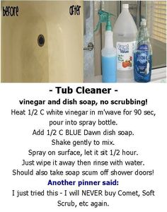 a poster describing how to clean a tub with vinegar and dish soap in no scrubbing