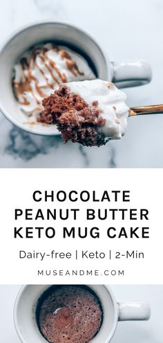 chocolate peanut butter keto mug cake on a spoon