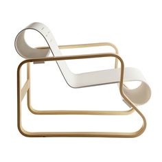 a white chair that is sitting on a wooden stand with a curved seat and metal frame