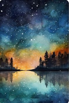 watercolor painting with trees and stars in the night sky royalty illustration stock images, illustrations