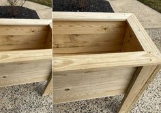 two pictures of wooden planters on the ground