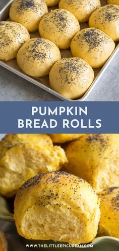 pumpkin bread rolls with poppy seed sprinkles on top and in a baking pan