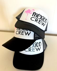 Mexico Crew Hat with Flamingo  Great for all vacations and can customized to your location! *this is an adult size trucker hat :: Hat Details ::  - 100% Polyester Front  - 100% Nylon Mesh Back  - 5-panel cap  - Seamless Foam Front Panel with Lining  - Matching Mesh Color Braid  - 8 Rows Stitching on Visor  - Matching Fabric Undervisor  - Matching Color Sweatband  - Plastic Adjustable Snap Fun Black Trucker Hat For Vacation, Summer 5-panel Trucker Hat With Embroidered Logo, Beach-style Trucker Hat With 5-panel Design, Fun Pink 5-panel Trucker Hat, Personalized Summer Trucker Hat, One Size, Matching Hats, Cute Matching, Trucker Hats, Vacation Ideas