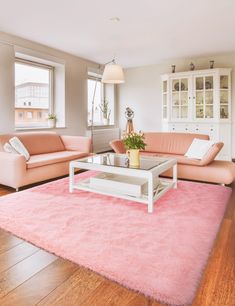 a living room with two couches and a pink rug on the floor in front of a window