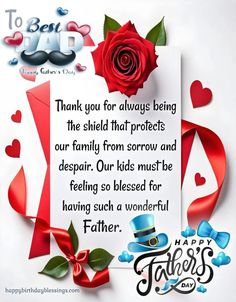 happy father's day card with red rose and ribbon on white background, thank you for always being the shield that protects our family