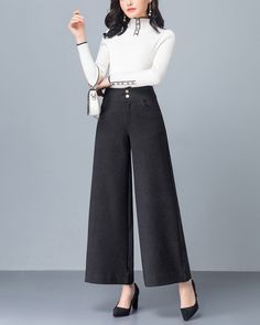 * A wide leg pants for autumn and winter, made of quality cotton blends. * Two pockets, they are big enough for your hands. * Material: 55% cotton, 22% polyester, 18% nylon, 5% spandex * Let us know your usual size in your country and your overall height. * Can custom make waist size and length. * Size: True to US size, US 0-US 20 are available, you can let us know your usual size and height in your order. * Shipping: Free shipping Processing time : 5-7 Business days Delivery time : 7-20 Busines Winter High-waisted Wide Leg Pants, Baggy Winter Wide Leg Straight Pants, Baggy Wide Leg Pants With Pockets For Winter, Winter Baggy Wide Leg Pants With Pockets, Gray Baggy Wide Leg Pants For Fall, Gray Wide Leg Pants For Winter, Ankle-length Wide Leg Cotton Pants For Winter, Gray Full Length Wide Leg Pants For Fall, Winter Workwear Wide Leg Pants