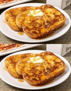 two pictures of pancakes with butter and syrup on them sitting on a plate next to each other