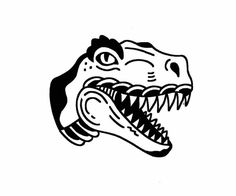 a black and white drawing of a dinosaur's head with sharp teeth on it