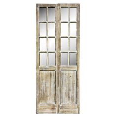 an old wooden door with mirrors on the front and side doors, all in white