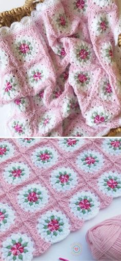 crocheted afghans are shown in pink and white with flowers on the blanket