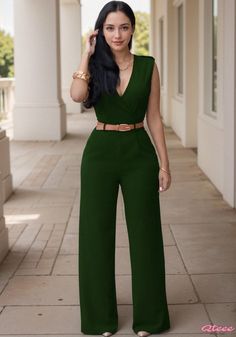 Stylish Loose Fit Sleeveless Jumpsuit with Belt High Waist Flare Pants, Jumpsuit With Belt, Pants With Belt, Cloth Belt, Belt For Women, Green Jumpsuit, Compression Leggings, Sleeveless Jumpsuits, Waist Pants