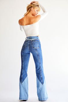 DESCRIPTIONA total flashback to a 1970's boogie nights vibe. These bells have a super wide leg trouser, high waisted rise, and a two toned denim wash. Complete with a denim sash tied at the waist these bells are far from average. MADE IN THE USA DETAILS34 1/2" inseam24" Flare OpeningHigh WaistedTwo Toned Patchwork Pock Ocean Heels, Trendy Trouser, Boogie Nights, Outfit Night, Denim Boots, Jeans Fabric, Jeans Outfit, Denim Design