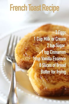 french toast recipe on a white plate with fork and knife