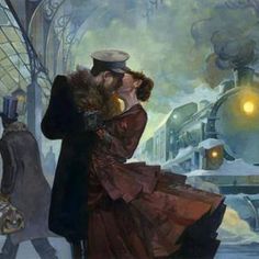 a painting of a man and woman kissing in front of a train