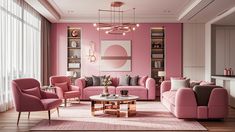 a living room with pink couches and chairs