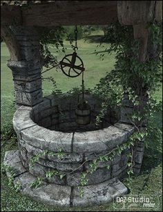 an old water well surrounded by greenery