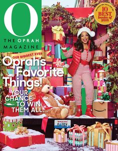 the oprah magazine cover features an image of a woman surrounded by presents