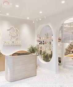 the interior of a skin care store with white walls