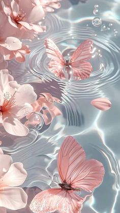 some pink flowers and butterflies floating in water