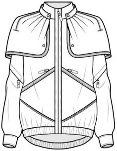 the front and back view of a jacket with zippers on it, in black and white