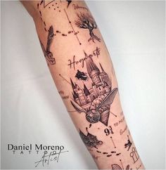 a person with a tattoo on their arm has a castle and stars in the sky