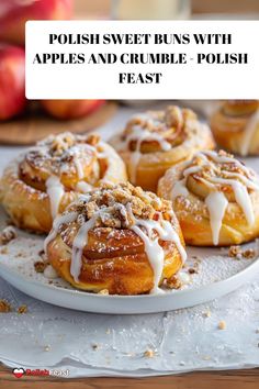 some apples and crumbs on a plate with the words polish sweet buns with apples and crumble polish feast