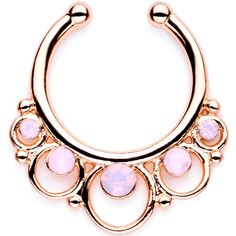 Pink Faux Opal Rose Gold Tone Twisted Horseshoe Clip On Septum Set Expand your septum jewelry collection with this set of three unique septum rings! This set features two 16 gauge horseshoe barbell rings, one with a twisted design, and one clip on circular ring. All three are 3/8" and made with rose gold tone anodized over 316L surgical grade stainless steel. The clip on circular ring comes complete with an iridescent pink faux opal for that extra big of bling! Sold as a set of three.Specificati Adjustable Rose Gold Hoop Septum Ring, Elegant Adjustable Nickel-free Septum Ring, Pink Hoop Metal Jewelry, Adjustable Nickel-free Septum Ring, Septum Nose, Circular Barbell, Septum Jewelry, Septum Ring, Ring Sets