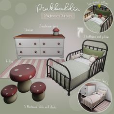 an image of a child's bedroom with mushrooms on the floor and furniture in it