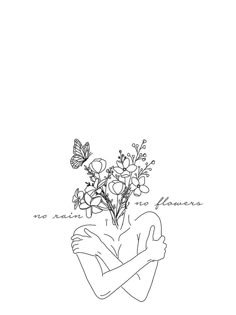 a black and white drawing of a woman with flowers in her arms, holding a butterfly