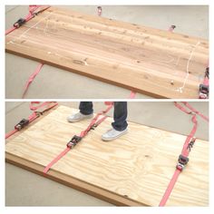 two images showing how to make a diy table with plywood boards and wires